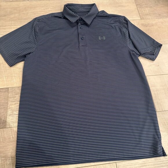 UNDER ARMOUR MENS LARGE GRAY STRIPE LOOSE GOLF POLO SHIRT - Picture 1 of 7